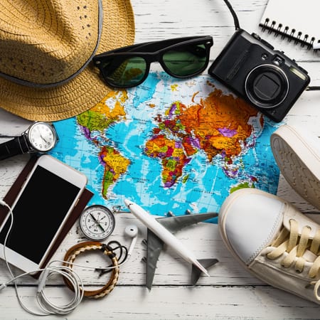 Overhead view of Traveler's accessories, Essential vacation items, Travel concept background